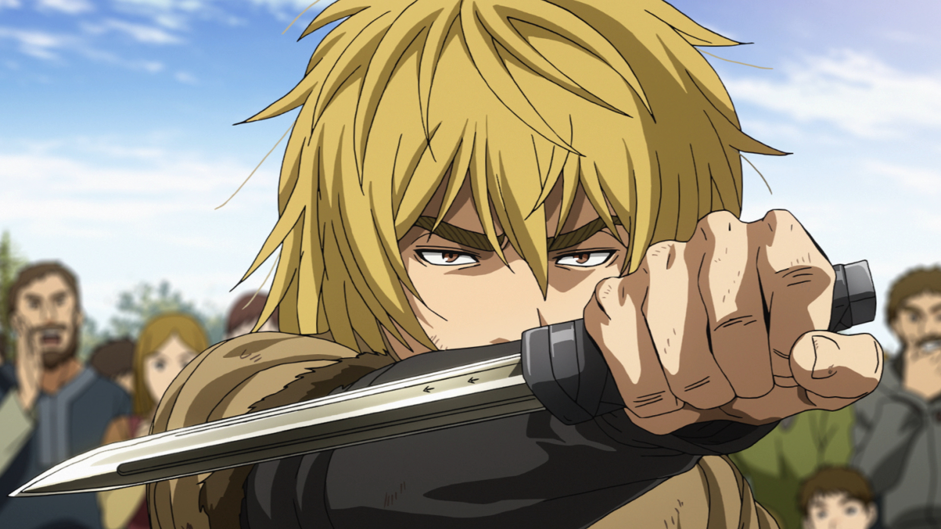 Thorfinn from Vinland Saga holds a knife forward with determination, surrounded by onlookers