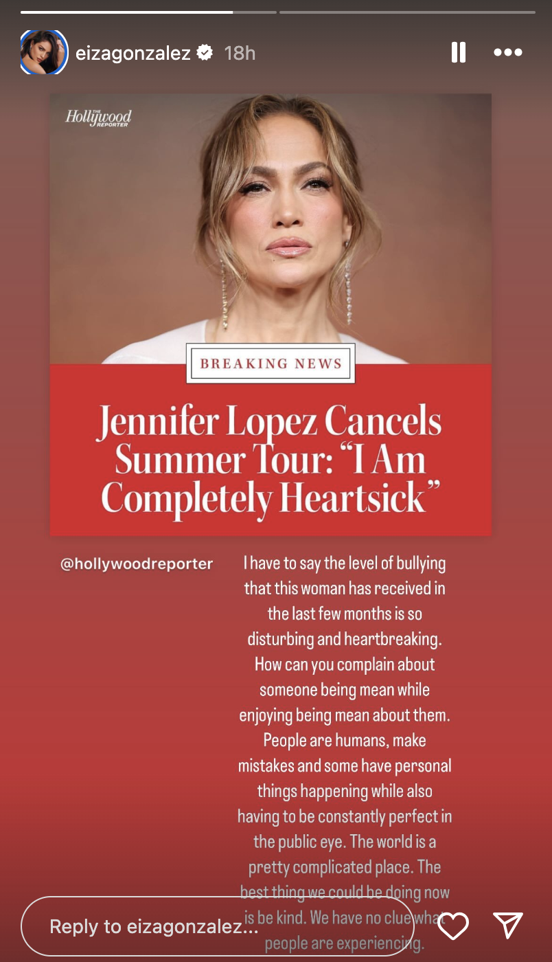 Jennifer Lopez cancels Summer Tour: "I Am Completely Heartsick." Red backdrop with Jennifer Lopez's face and quote regarding cyberbullying and its impacts