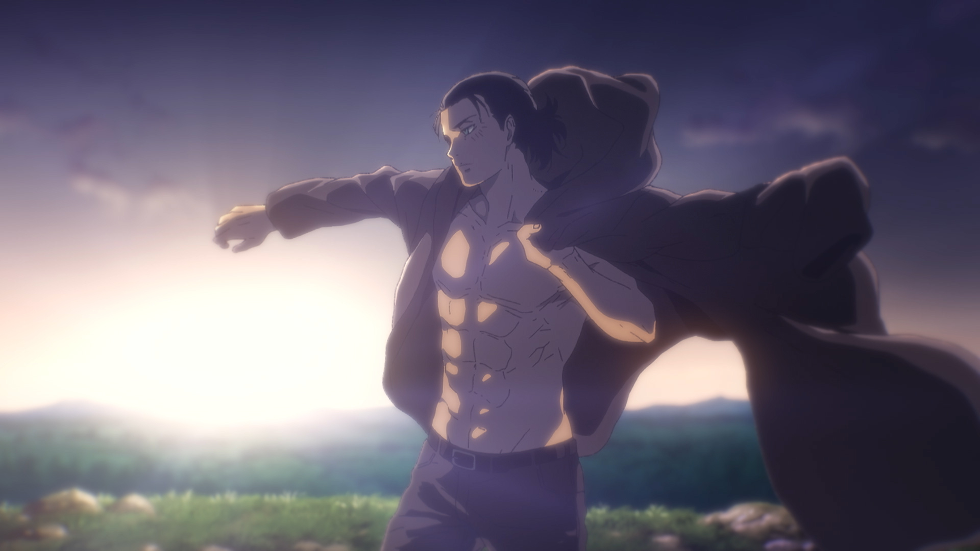 Eren Yeager takes off his jacket at sunrise in a scenic landscape in an episode of Attack on Titan