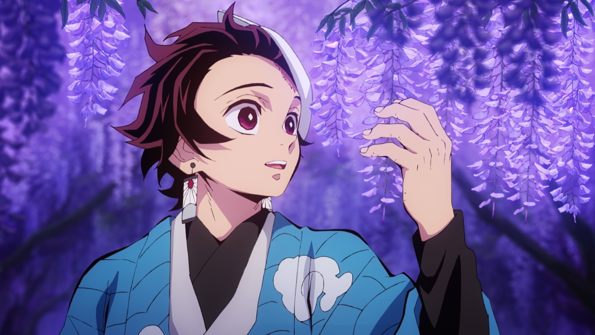 Tanjiro Kamado from "Demon Slayer" gazes at purple wisteria flowers, wearing a traditional kimono with cloud patterns and hanafuda earrings