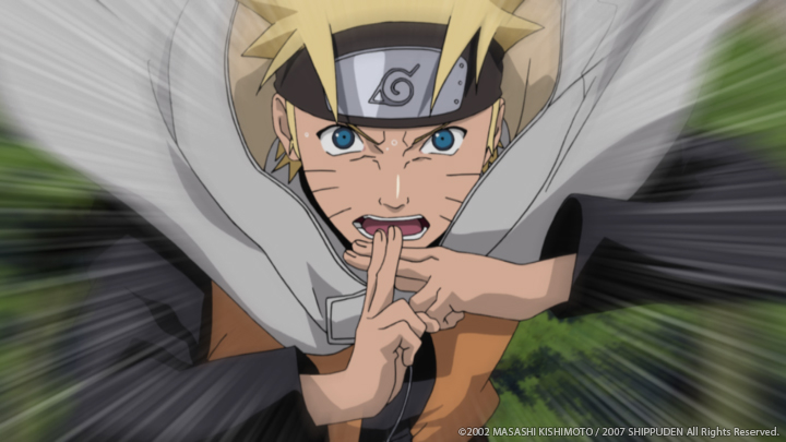 Naruto Uzumaki from Naruto Shippuden performs a hand sign while in motion, focused and determined
