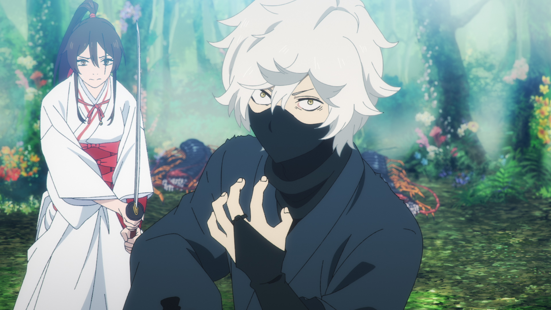 Characters from the anime series "Hell's Paradise": Gabimaru in a black ninja outfit in the foreground, and Yamada Asaemon Sagiri in a traditional white kimono in the background