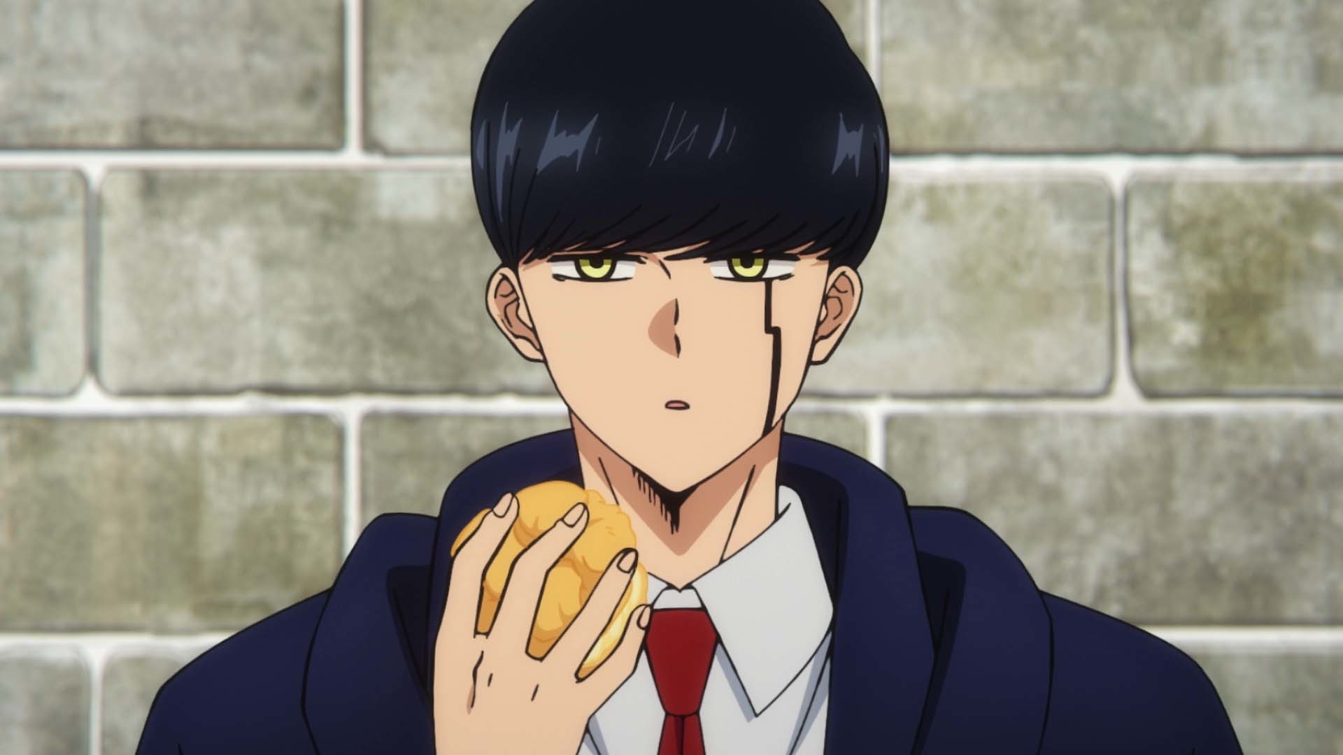 Mash Burnedead from Mashle: Magic and Muscles eating a cream puff, wearing a blue blazer and red tie