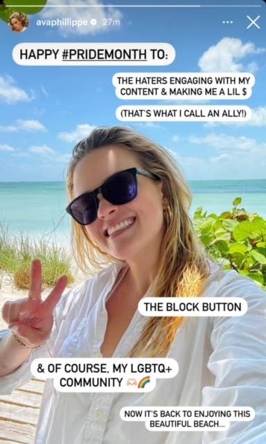 Ava Phillippe on a beach doing a peace sign for a Pride Month celebration; includes text about haters, allies, the block button, and supporting the LGBTQ+ community