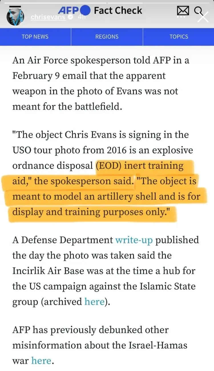 News article clarifies that the weapon Chris Evans is signing in a photo is an EOD inert training aid, not used for combat, and highlights updates on related military activities