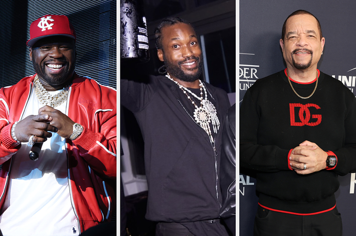 50 Cent in a red jacket, Meek Mill in a black outfit, and Ice-T in a black and red sweater, all smiling at an event