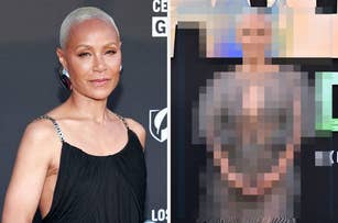 Jada Pinkett Smith on the left in a black dress and on the right in a silver dress at separate events