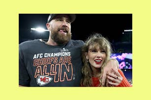 Travis Kelce in a "AFC Champions Chiefs Are All In" shirt with an arm around Taylor Swift, smiling together at a sports event