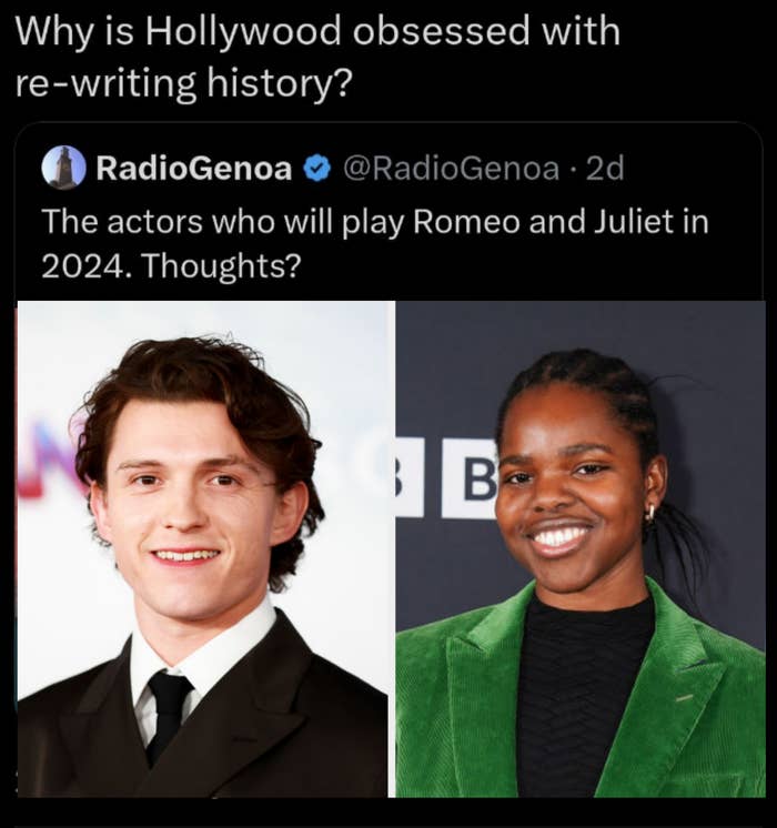 Brigitte Gabriel shares a tweet by RadioGenoa asking for thoughts on the 2024 casting of Romeo and Juliet. The image includes actors Tom Holland and Zaria
