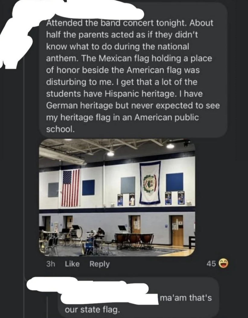 A social media post expresses confusion about a Mexican flag at a concert; a reply clarifies it's the state flag