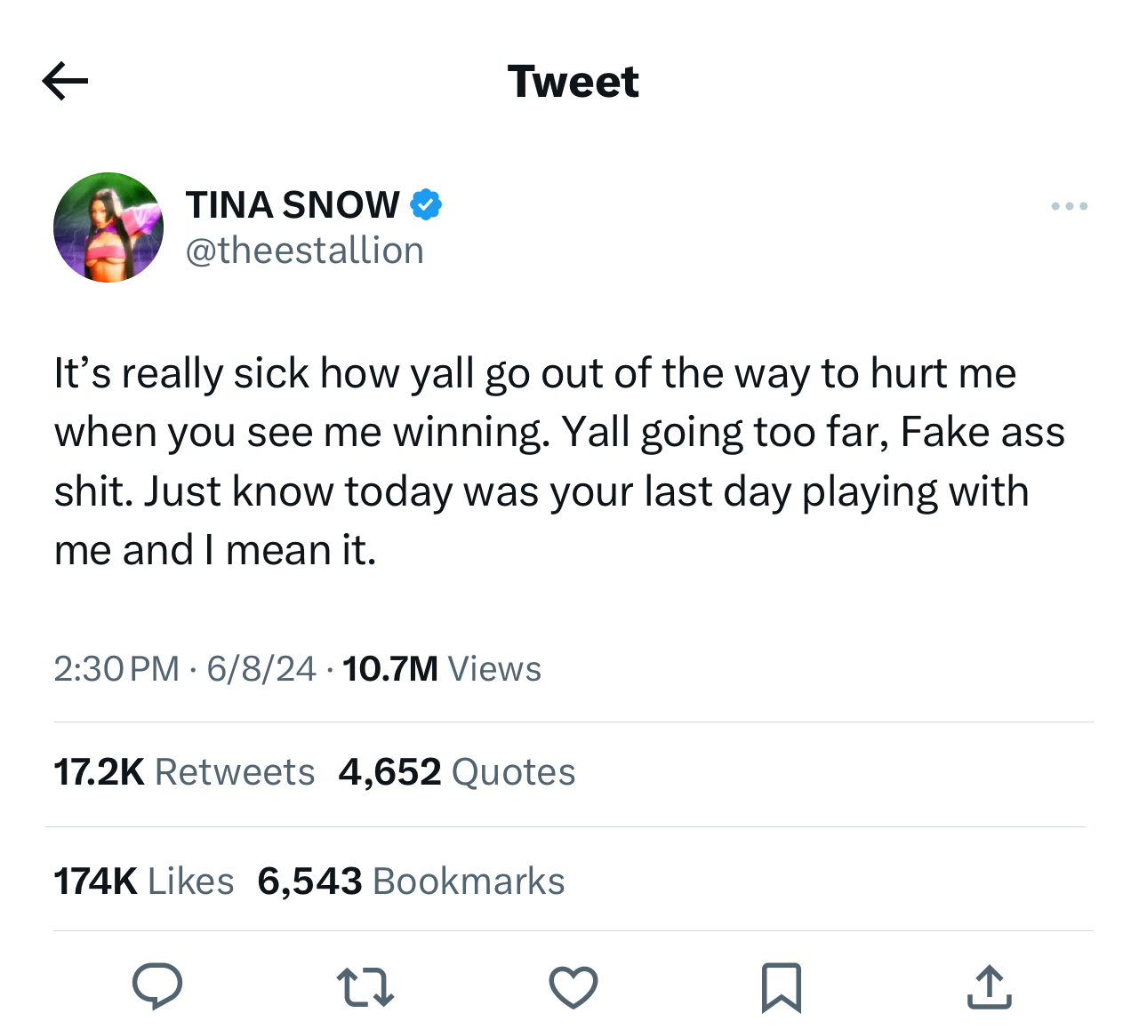 Tweet by Tina Snow (@theestallion) expressing frustration at being hurt despite her success. Shows engagement metrics: 17.2K retweets, 4,652 quotes, 174K likes, 6,543 bookmarks