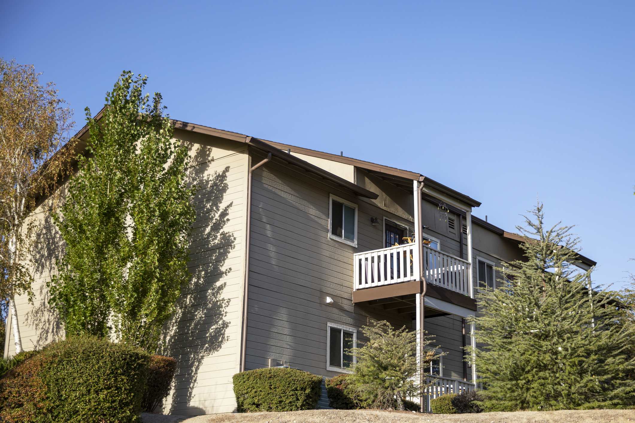 An apartment building with multiple balconies and surrounded by greenery