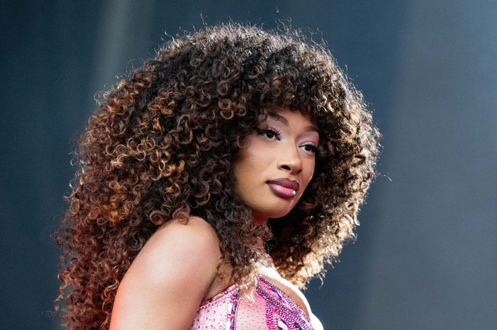 Megan Thee Stallion with voluminous curly hair, wearing a stylish outfit, posing on stage
