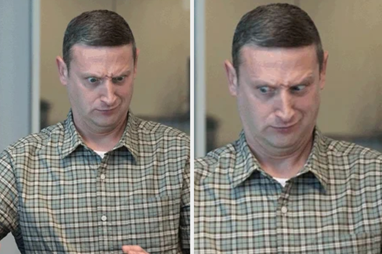 A man in a plaid shirt is making puzzled and confused facial expressions in two side-by-side images. There are no other visible people in the image