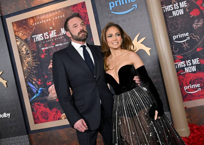 Ben Affleck and Jennifer Lopez on the red carpet for the &quot;This Is Me...Now&quot; event. Jennifer wears an elegant dress with a sheer, sparkly skirt