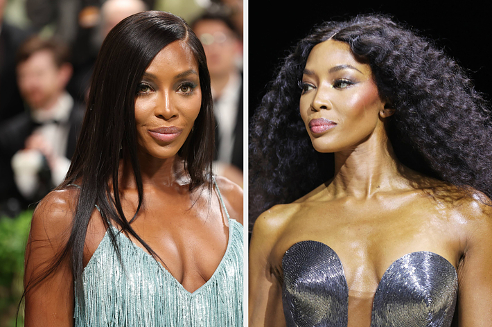 Naomi Campbell is seen in two different outfits: a fringed gown and a metallic strapless dress at two separate events