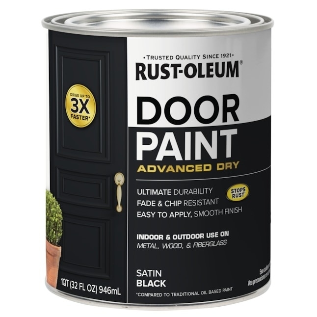 Rust-Oleum Door Paint can, labeled as Advanced Dry, indoor/outdoor use, satin black, 1 QT (946 mL), promising ultimate durability and fade/chip resistance