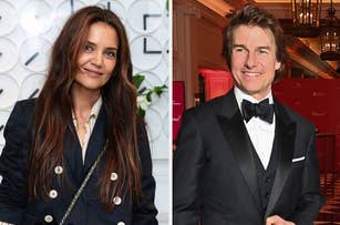 Katie Holmes in a casual blazer next to Tom Cruise in a black tuxedo with a bow tie at an indoor event