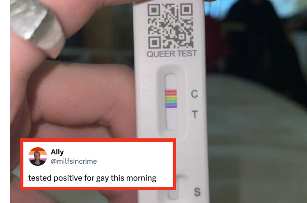 A hand holds a test labeled "QUEER TEST" showing a positive result. Tweet by Ally (@milfsincrime) reads, "tested positive for gay this morning."