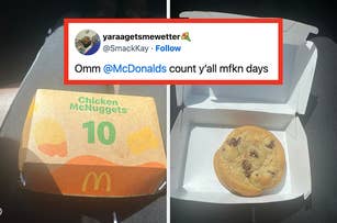 Two image collage: Left shows a McDonald's Chicken McNuggets 10-pack box. Right shows an opened box with a cookie inside. Tweet by @SmackKay says, "Omm @McDonalds count y'all mfkn days."