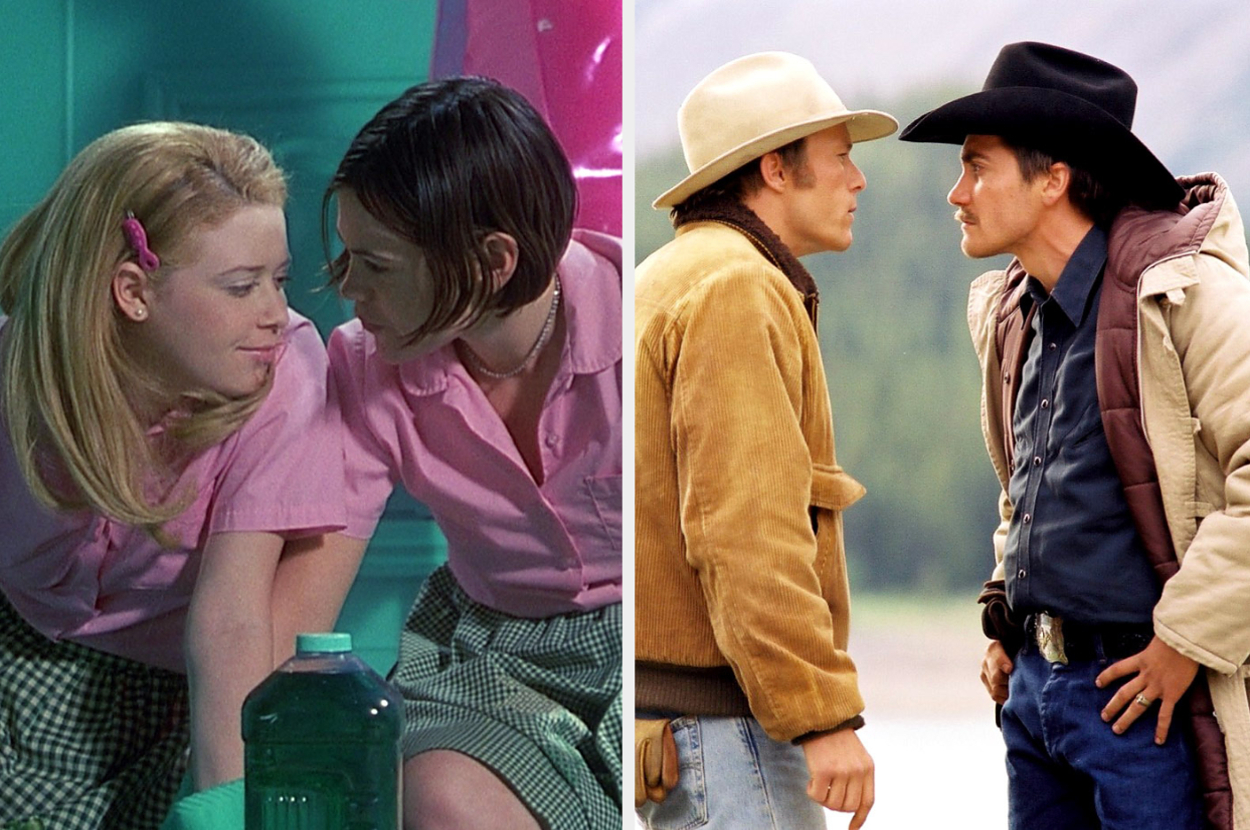 Natasha Lyonne and Clea DuVall in a classroom scene from "But I'm a Cheerleader" alongside Heath Ledger and Jake Gyllenhaal in a confrontation scene from "Brokeback Mountain."