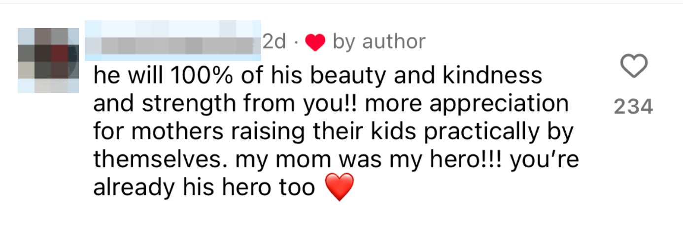 Instagram post with multiple comments praising @alyson_kierans. Comments highlight strength, love, and admiration for her as a mother and person