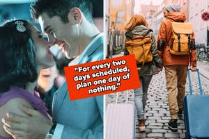 Constance Wu and Henry Golding embracing in "Crazy Rich Asians" and a couple walking with luggage down a cobblestone street in a side-by-side image, Text: "For every two days scheduled, plan one day of nothing."