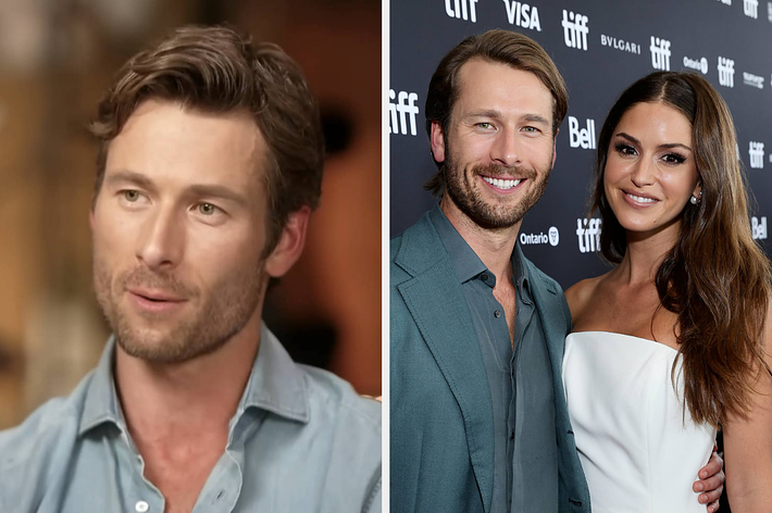 Left: Close-up of a man with short brown hair and facial hair. Right: Glen Powell and Gigi Paris smiling at the Toronto International Film Festival, Glen in a grey suit, Gigi in a white dress