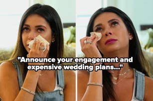 Collage of a woman crying while holding a tissue, with text: "Announce your engagement and expensive wedding plans..."