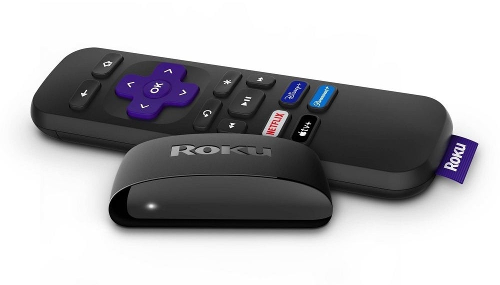 A Roku streaming device and remote control, featuring buttons for popular streaming services such as Netflix and Disney+