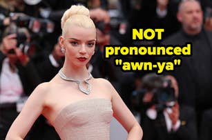 Anya Taylor-Joy on a red carpet in an elegant strapless dress with a snake-shaped necklace, text reads: "NOT pronounced 'awn-ya'."