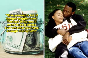 A jar of money, Sanaa Lathan and Omar Epps cuddling in a side-by-side image. Text: "Give yourself a lot of budget wiggle room. The last thing you'll want to do is stress over whether you have enough money left."