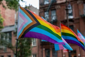 Various pride flags waving in front of brownstone buildings. The flags include the new progressive pride flag, rainbow flag, and transgender pride flag