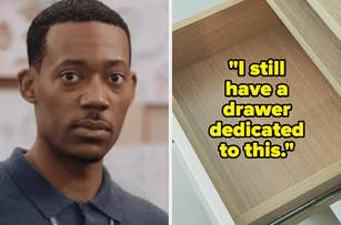Tyler James appears serious on the left. On the right, an empty drawer with the text, "I still have a drawer dedicated to this."