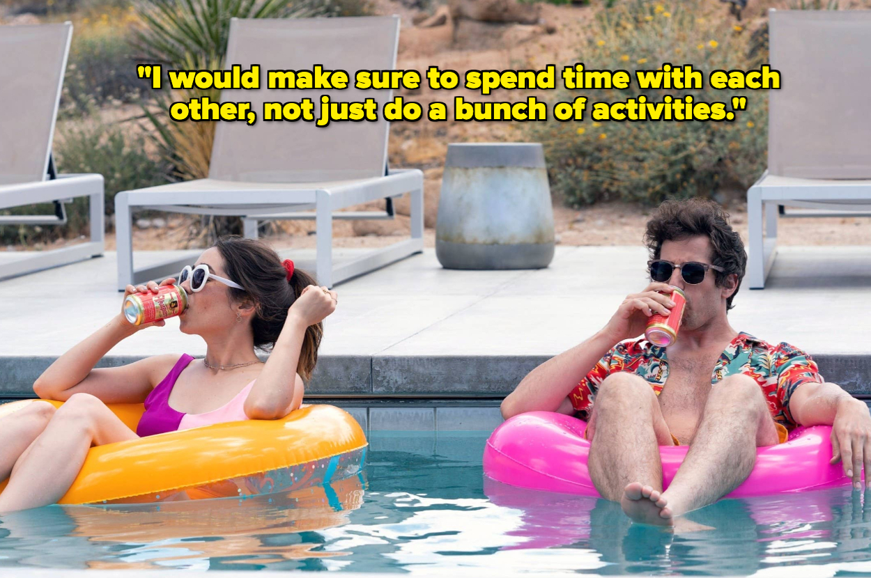 Cristin Milioti and Andy Samberg floating in the pool on tubes while drinking. Text: "I would make sure to spend time with each other, not just do a bunch of activities."