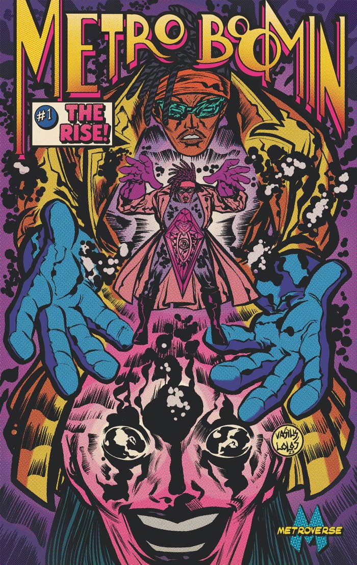 Comic book cover for Metro Boomin&#x27;s &quot;Metroverse #1: The Rise!&quot; showing an illustrated figure in futuristic attire with glowing hands, sparks, and an urban backdrop