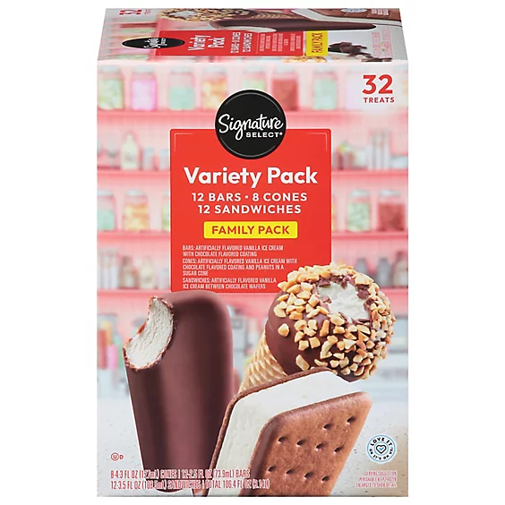 Close-up of Signature Select Variety Pack Family Pack box containing 12 ice cream bars, 8 cones, and 12 sandwiches, with 32 treats written at the top right