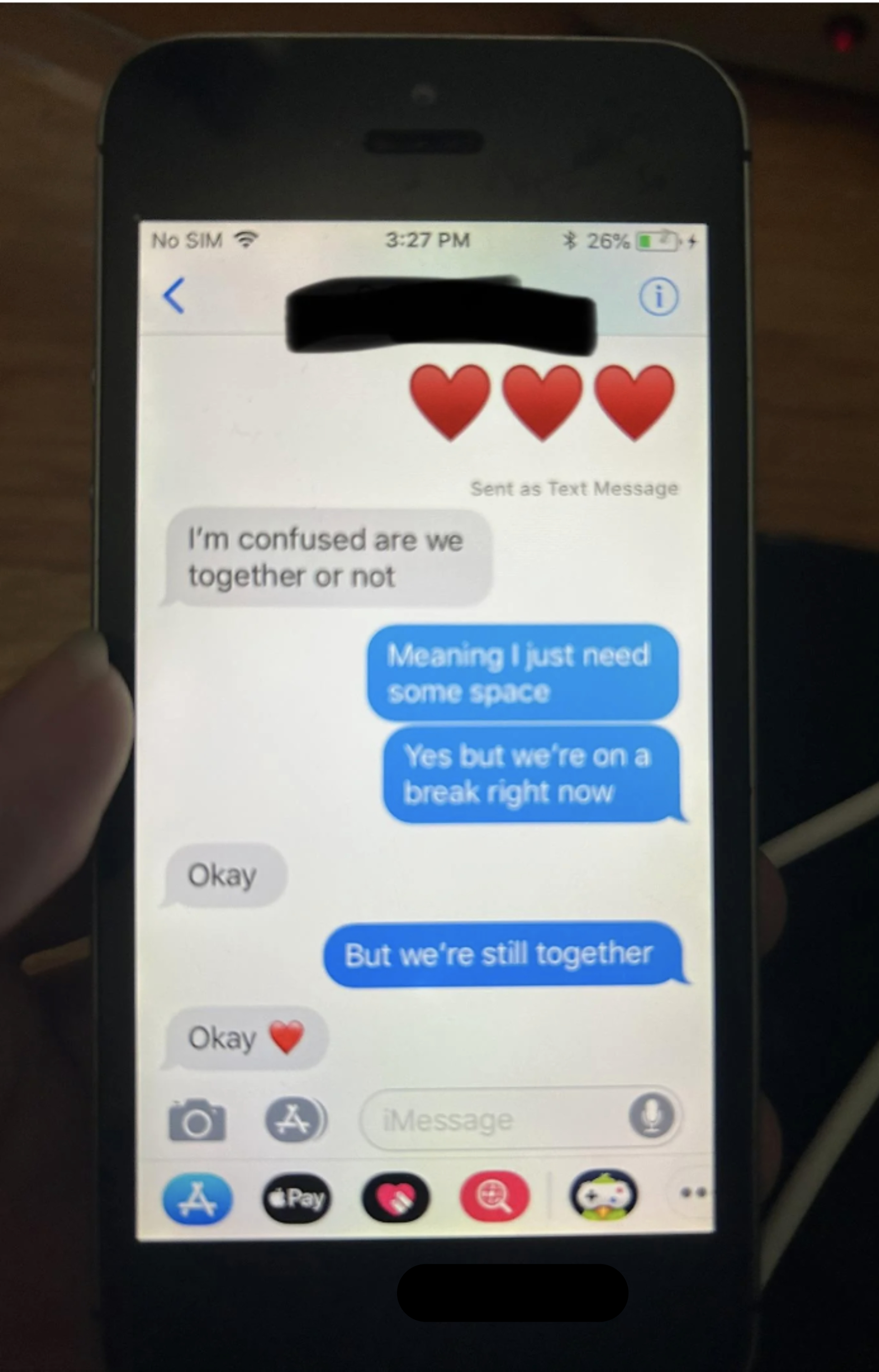 Text conversation showing a person asking, &quot;I&#x27;m confused, are we together or not,&quot; with a response stating, &quot;Meaning I just need some space. Yes, but we’re on a break right now.&quot;
