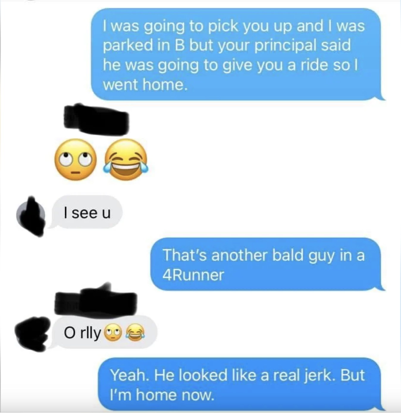 Screenshot of a text exchange where one person mistakes another for someone else at a pickup location, leading to a humorous misunderstanding