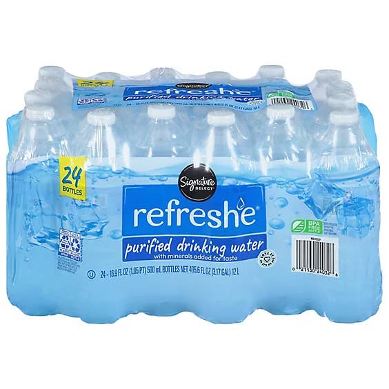 Case of 24 bottles of Refreshé purified drinking water with minerals added for taste; BPA-free packaging labeled with brand and nutritional information
