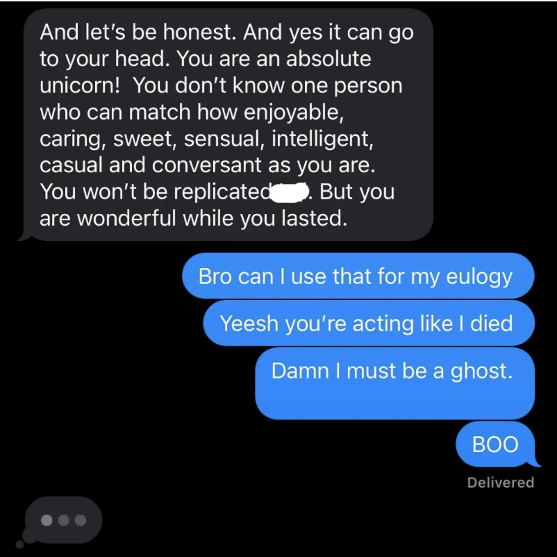Text messages exchange between two people. One person sends a heartfelt message, and the other responds humorously, mentioning their own eulogy and making a ghost joke