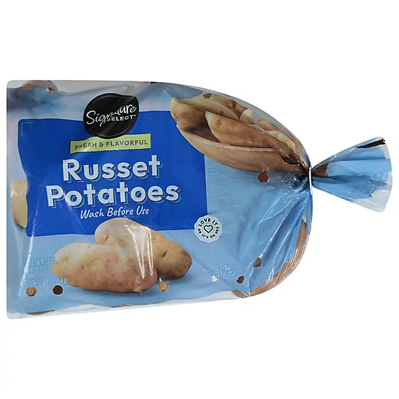 Bag of Signature Select Russet Potatoes, labeled "Fresh & Flavorful. Wash Before Use; 5 lbs"