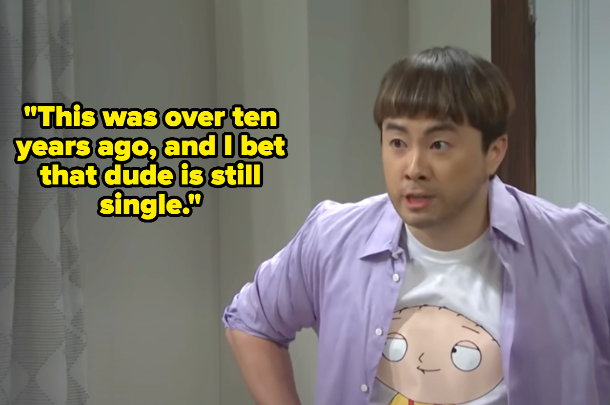 Bowen Yang in a scene wearing a purple shirt over a t-shirt featuring Stewie Griffin from "Family Guy," with the text: "This was over ten years ago, and I bet that dude is still single."