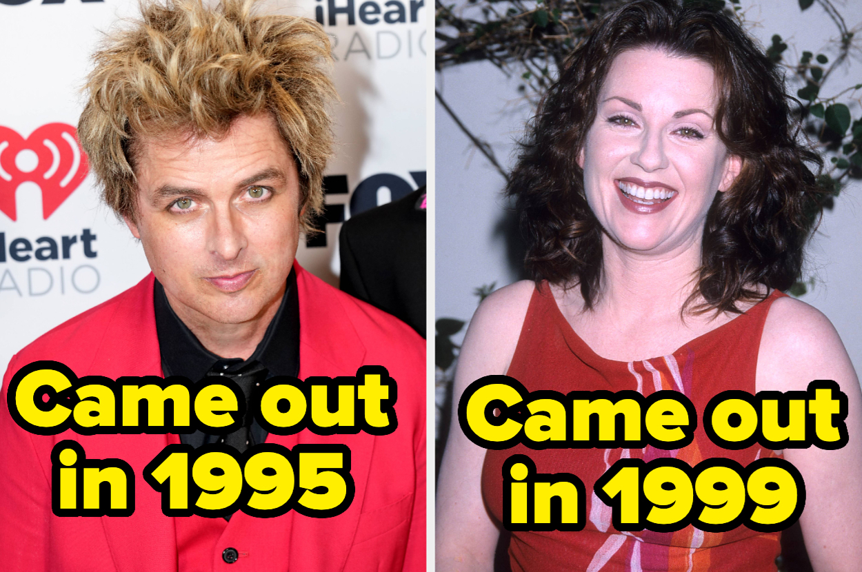 Billie Joe Armstrong at an iHeartRadio event, text "Came out in 1995." Megan Mullally smiling at an event, text "Came out in 1999."