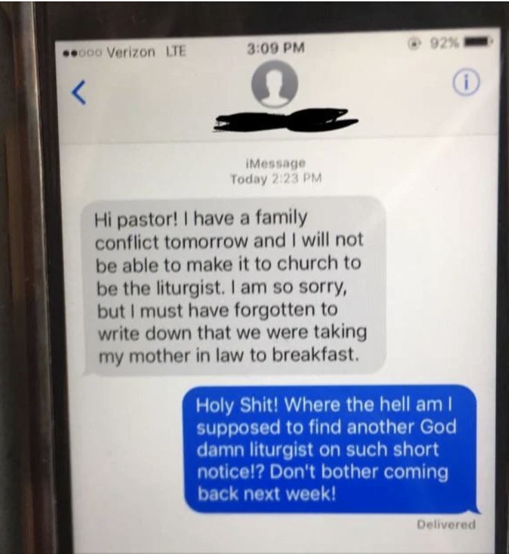 The image shows a text exchange where one message apologizes to a pastor for not being able to attend church, and the other responds angrily, using profane language