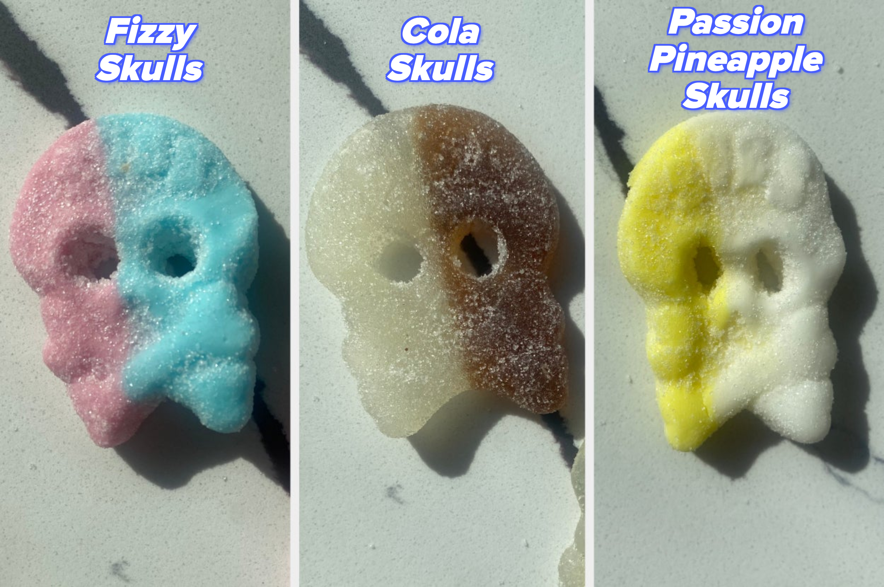 Three sugar-coated gummy skull candies are pictured, each divided into two flavors: blue/pink, white/brown, and yellow/white