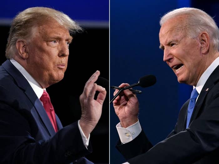 Donald Trump on the left and Joe Biden on the right in debate, both gesturing and holding microphones