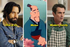 Left to right: Milo Ventimiglia from "This Is Us", Li Shang from "Mulan", Ty Burrell from "Modern Family"