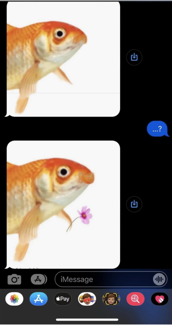 Two images of a fish in a text message conversation. The second image shows the fish holding a purple flower. The recipient responds with &quot;...?&quot;