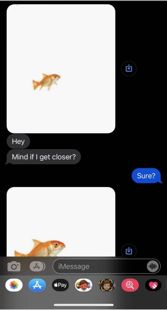 Screenshot of a humorous text conversation. The first message shows a small image of a goldfish, followed by, "Hey, Mind if I get closer?" The next message contains a larger image of the same goldfish, with the reply, "Sure?"